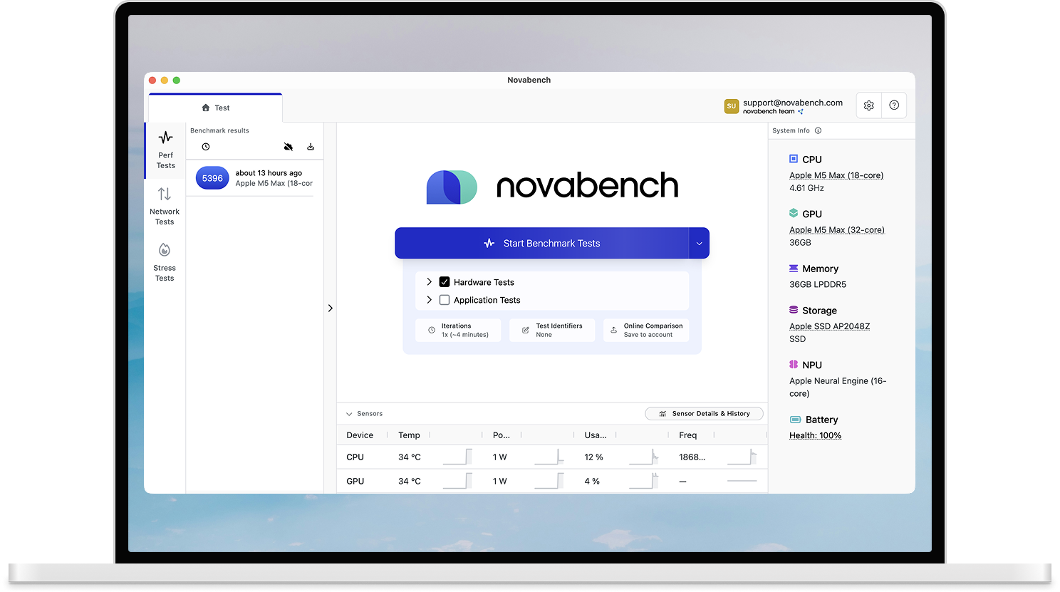 Novabench benchmark software showing overall test score, Start Benchmark Tests button, and system hardware details including CPU, GPU, memory, storage, and NPU