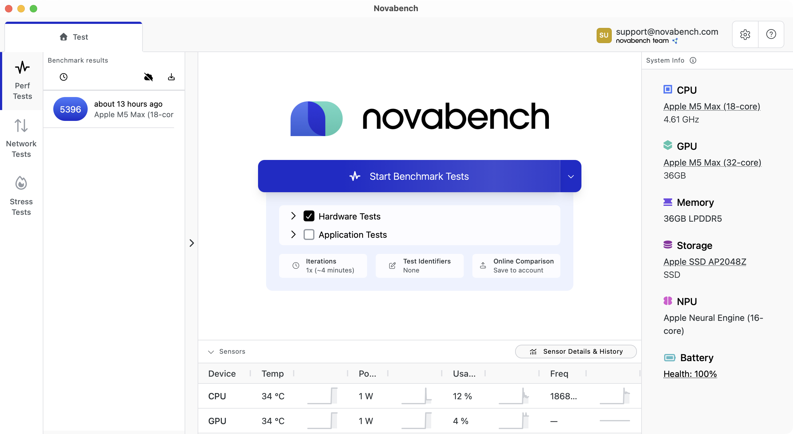 Novabench benchmark test screen showing overall performance score, hardware and application test options, and system information sidebar with CPU, GPU, memory, storage, and NPU details