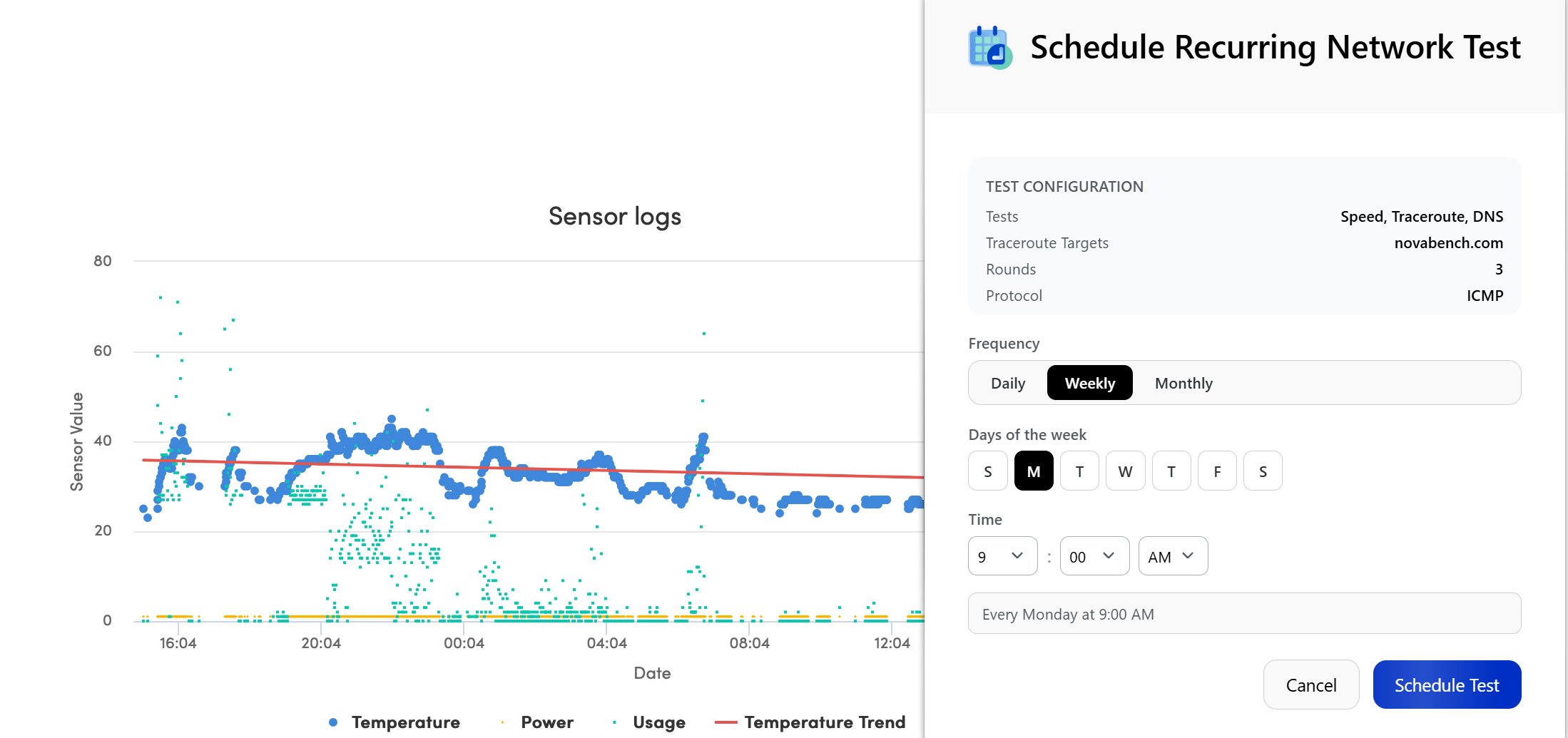 Novabench sensor logs chart tracking temperature, power, and usage over time with scheduled network test configuration